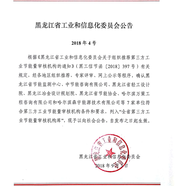 本公司于2018年9月3日取得“第三方工業節能量審核機構”資質